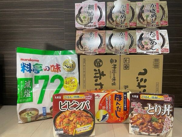 インスタント食品詰め合わせセット 鯛めし かきめし あなごめし たこめし 即席味噌汁赤だし 減塩味噌72食ビビンバとり丼 ほんだし