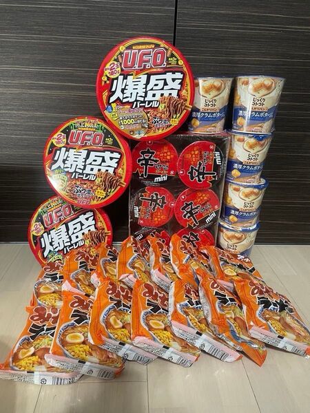 インスタント食品詰め合わせ28点 サッポロラーメンみそ味UFO爆盛りバーレル 辛ラーメンミニじっくりコトコト濃厚クラムポタージュ
