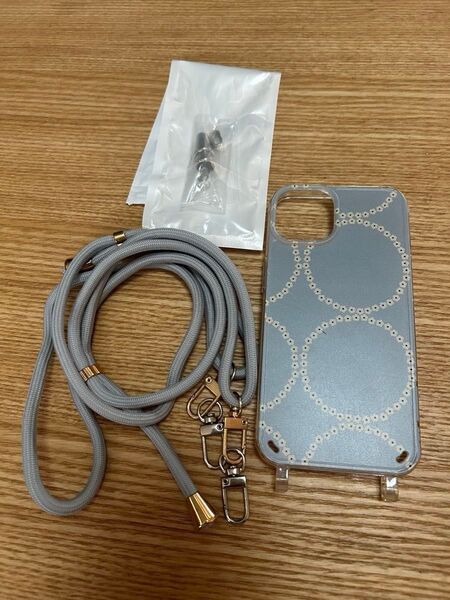 iPhone13/14用 スマホケース ショルダーストラップ付き グレー 花柄