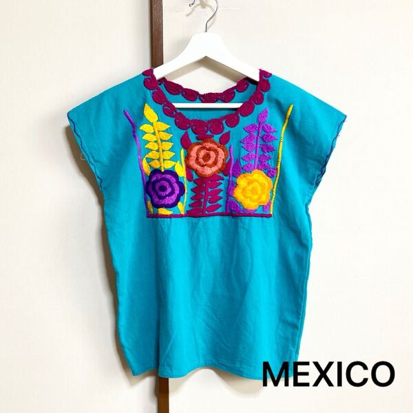 メキシコ刺繍カットソー ハンドメイド花柄 エメラルドグリーン 人気