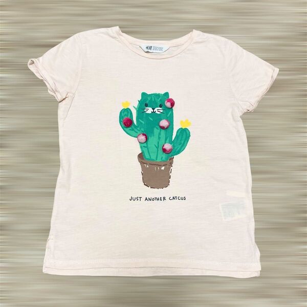 H&M 130〜140 半袖Tシャツ 夏物トップス サボテン 猫 ネコ柄 ピンク 女の子 カクタス