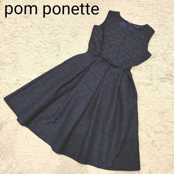 美品 pom ponette junior ポンポネット ノースリーブ ドレス ワンピース 花柄 ネイビー L 160cm