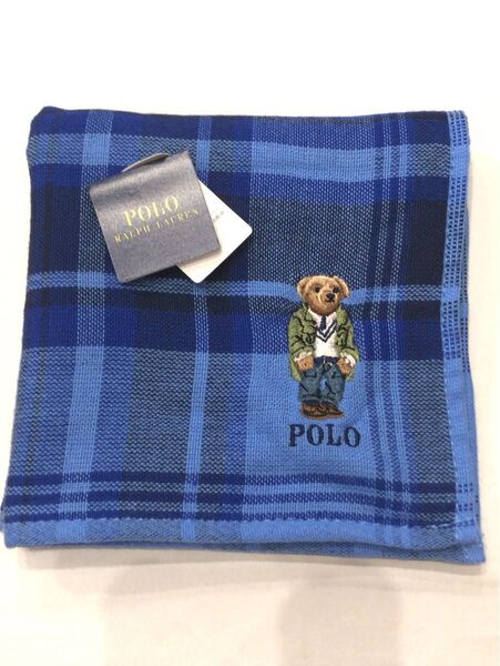 新品 ポロラルフローレン タオルハンカチ ネイビーチェック ベア刺繍 POLO RALPH LAUREN