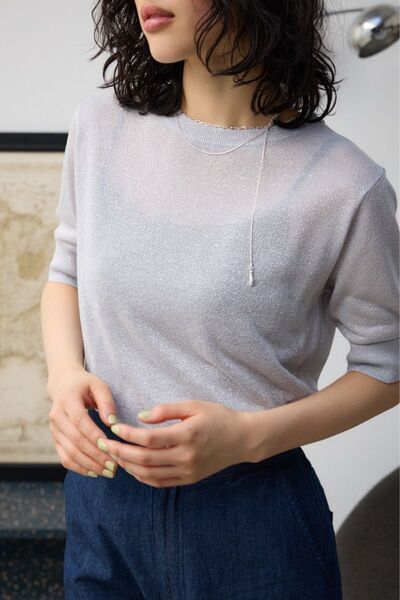AZUL by moussy アズールバイマウジー シアーラメ5分袖ニットトップス ライトグレー