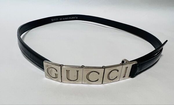 GUCCI グッチ ロゴ ベルト 黒 シルバーバックル レザーベルト