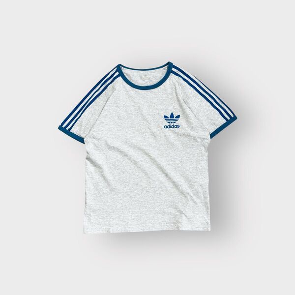 古着 00s adidas リンガー Tシャツ 3ストライプ 短丈 染み込み 青 アディダス cityboy スリーライン グレー