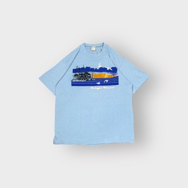 古着 70s 80s 半袖 アート Tシャツ ライトブルー 海 漁港 シングルステッチ USA製 スーベニア cityboy