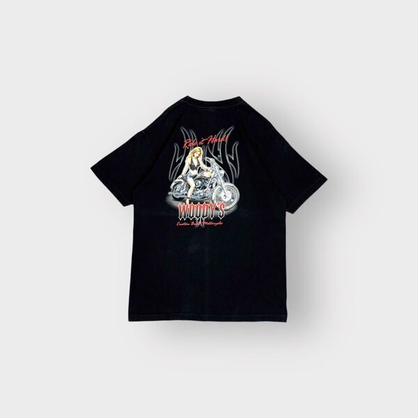 古着 90s〜 AAA woodys プリント Tシャツ 半袖 単車 バイク Made in USA アメリカ製 ブラック 黒