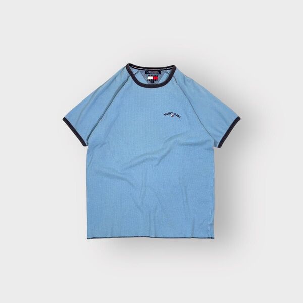 古着 00s TOMMY JEANS リンガーTシャツ ライトブルー 水色 半袖 コットン ノームコア cityboy