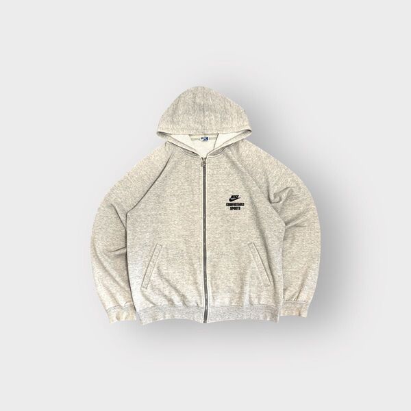 古着 80s NIKE ナイキ ジップアップ フーディー パーカー グレー 短丈 ラグランスリーブ スウェット ジップパーカー