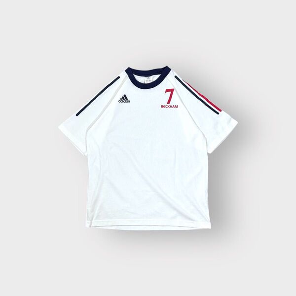 古着 00s adidas アディダス リンガー Tシャツ ベッカム ホワイト 3ストライプ cityboy 半袖 ゲームシャツ