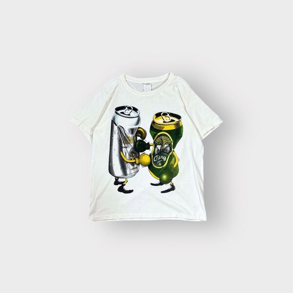 古着 00s シンハービール プリント Tシャツ 半袖 ホワイト アートT 短丈 プリントTシャツ クルーネック