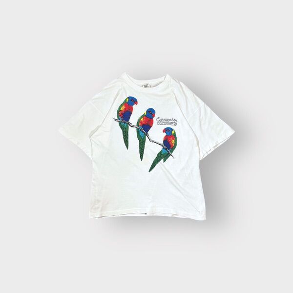 古着 90s シングルステッチ アート Tシャツ 半袖 オウム アニマル プリント 動物 cityboy ノームコア ホワイト