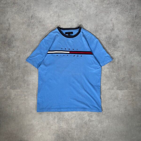 古着 00s トミーヒルフィガー リンガー ネック Tシャツ 半袖 ロゴプリント TOMMY HILFIGER 短丈 ブルー