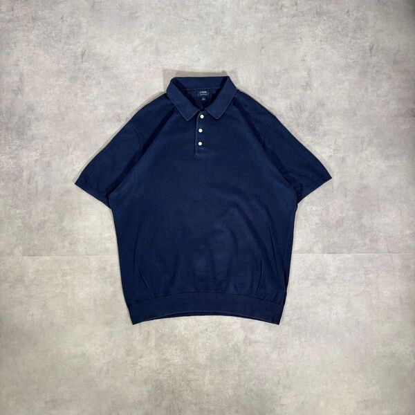 古着 J.CREW コットン 半袖 ポロシャツ サマーニット 短丈 紺色 半袖ポロシャツ J.クルー ニットポロシャツ ノームコア
