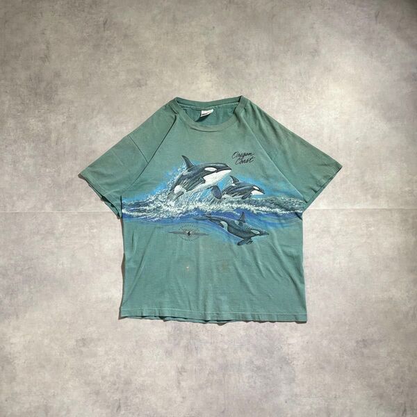 古着 90s アートTシャツ アニマル シャチ シングルステッチ 半袖 両面 プリント オルカ 海 グリーン USA製 アメリカ