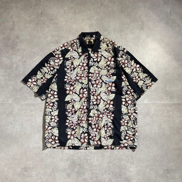 古着 90s クイックシルバー ブラック アロハシャツ ボックス 柄シャツ 花柄 総柄 半袖シャツ QUIKSILVER