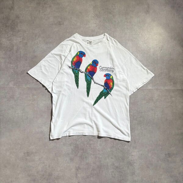 古着 90s シングルステッチ アート Tシャツ 半袖 オウム アニマル プリント 動物 cityboy ノームコア ホワイト