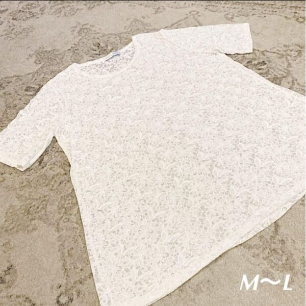 Image in happiness ホワイト 花柄レース シースルー 白Tシャツ 薄手 半袖カットソー