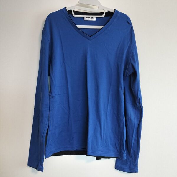 RYKIEL HOMME リキエルオム 日本製 48 Lサイズ位 コットン綿100% Vネック 長袖カットソー ロイヤルブルー