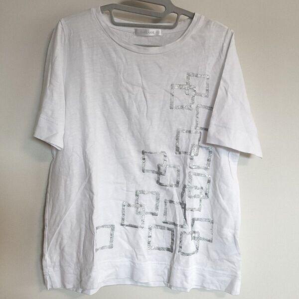 ドゥクラッセ Lサイズ 白ホワイト 半袖 Tシャツ トップス カットソー シルバー きれいめ コットン綿100%