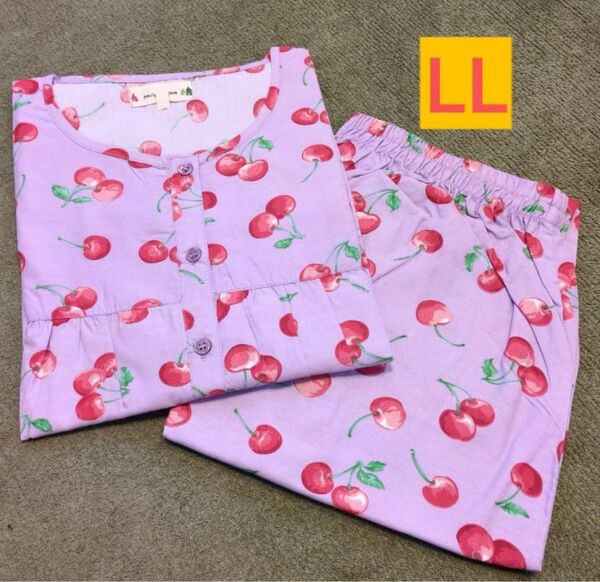 LLルームウェア 3Lも 大きいサイズ部屋着 さくらんぼ 爽やか素材 ワイドパンツ チュニック丈 可愛い ロリータ インド製