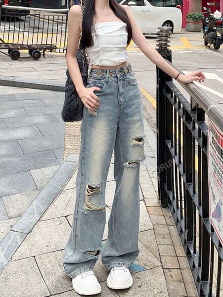 SHEIN シーイン シーン ウォッシュドダメージワイドレッグジーンズ デニム
