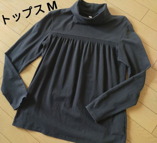 【中古】シャーリング カットソー ハイネックトップス Tシャツ ニット 黒 M 長袖Tシャツ ブラウス