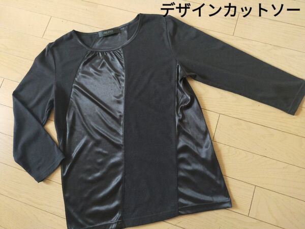 中古・訳有】デザインカットソー トップス黒xニットサテン素材 コンビ切り替え クルーネックM
