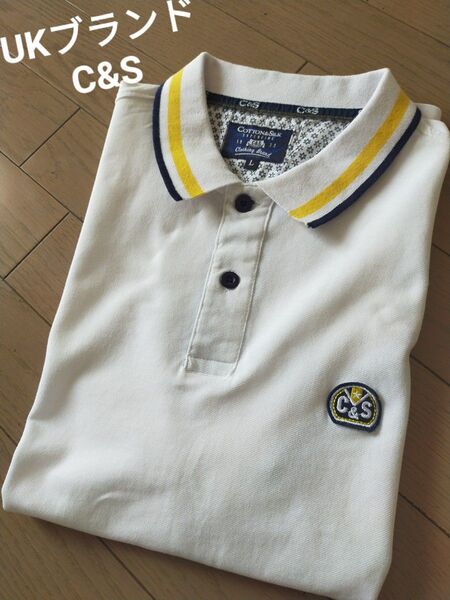 【UKブランド】C&S ポロシャツ 半袖 白 ロゴワッペン L 紺x黄色 ライン ゴルフウェア 鹿の子 ワンポイント ラルフ