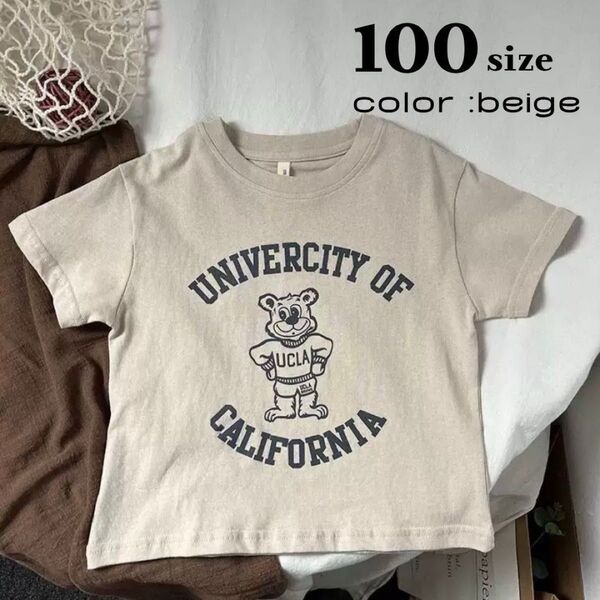 100 Tシャツ ベージュ キッズ 女の子 男の子 カットソー 子供服 トップス 半袖 夏服 ジュニア ユニセックス くま