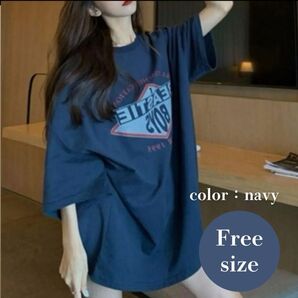 ロゴTシャツ ネイビー コン シンプル 文字 春夏 Tシャツ ワンピース トップス ゆったり半袖 着痩せ オーバー