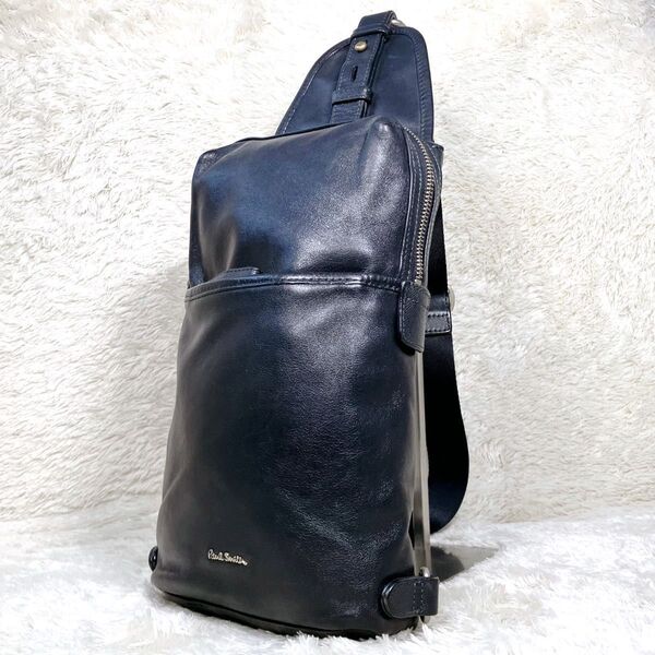 美品 Paul Smith ポールスミス ボディバッグ スリングバッグ ショルダーバッグ オールレザー ネイビー ロゴ金具