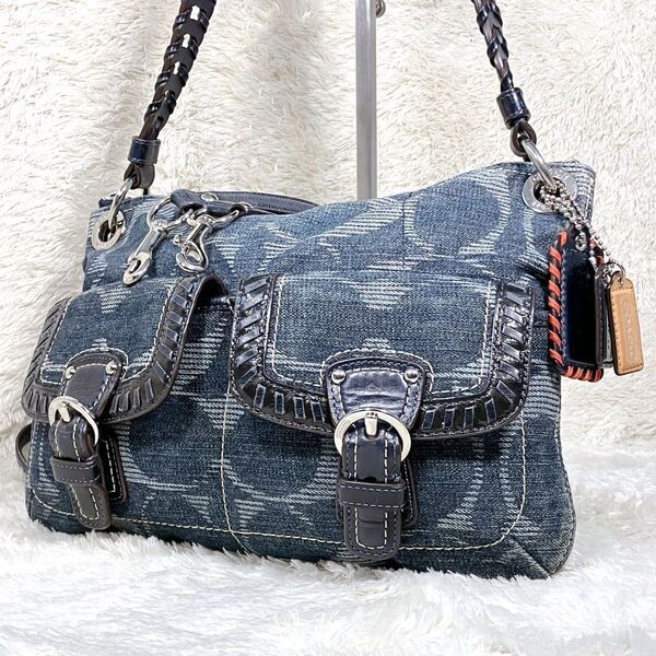 【超希少】COACH コーチ 2way ショルダー ハンドバッグ シグネチャー デニム キャンバス ベルト ブルー 18990