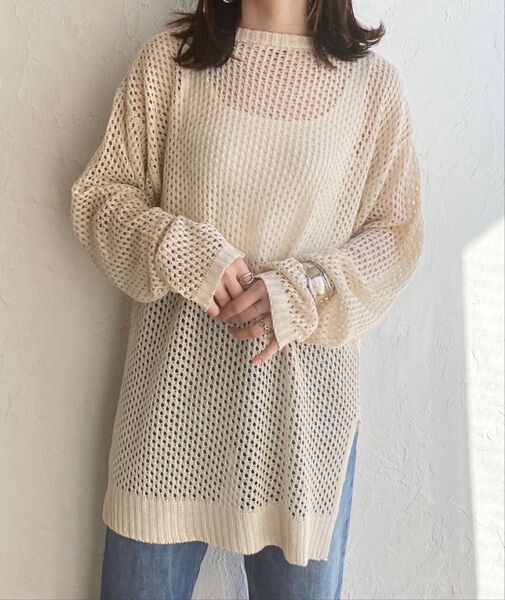 【試着のみ】She’s closet ボリュームスリーブロング丈透かし編みメッシュニットプルオーバー