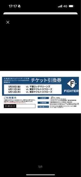 北海道日本ハムファイターズ 観戦チケット 千葉ロッテマリーンズ 東京ヤクルトスワローズ 5/30 6/11 6/12