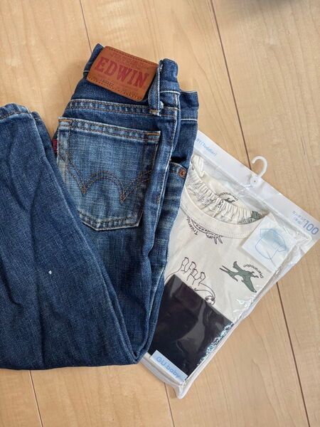 新品 GU EDWIN エドウィン 半袖カンタンTシャツ デニム パンツ 100 キッズ 恐竜