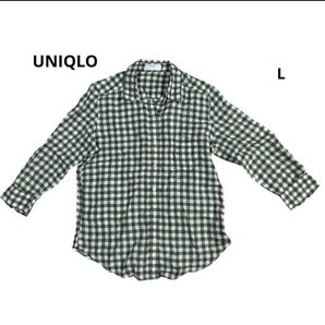 UNIQLO 七分袖チェックシャツ L グリーン×白