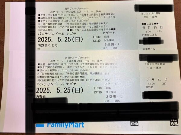 バンテリンドーム 中日vs阪神戦 チケット 5/25(日) 内野B 3塁側 大人1枚、子供1枚