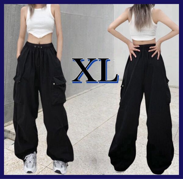 パラシュートパンツ カーゴパンツ 韓国 ダンス ワークパンツ 黒 XL ストリート ユニセックス ブラック トレンド