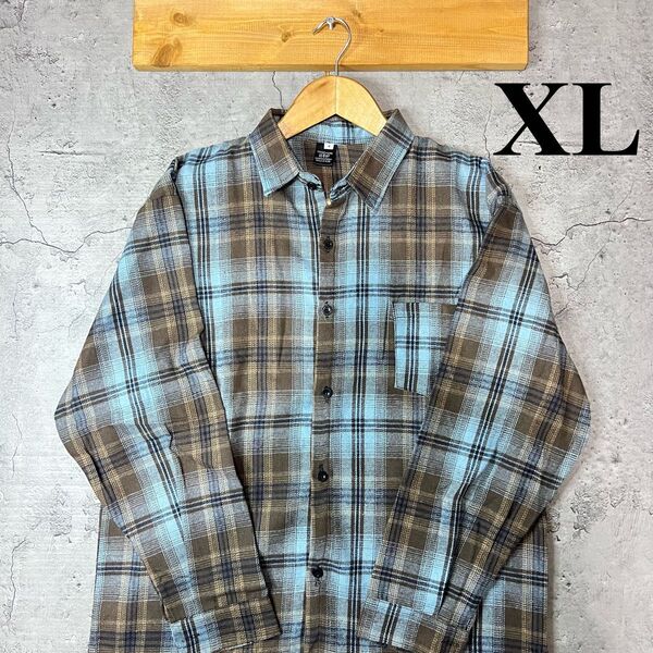 ★古着 USED★ オンブレチェックシャツ シャドーチェック ネルシャツ 長袖 ブルー アメカジ ワーク ミリタリー XL
