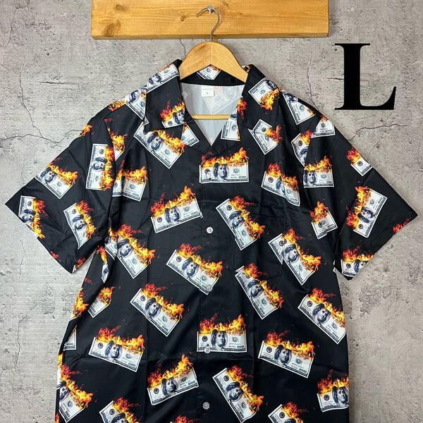 ★新品未使用★ 柄シャツ アロハ 半袖 総柄 オープンカラーシャツ 開襟シャツ ルード ファイヤー ブラック 黒 L