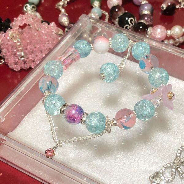 p1140 ビーズブレスレット ハンドメイド ブルー/ピン