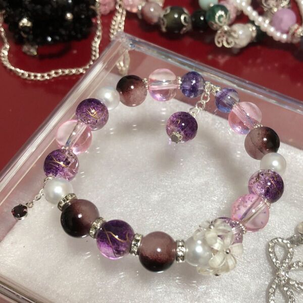 p1148 ビーズブレスレット ハンドメイド フラワーモチーフ パープル系