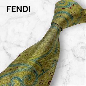 【美品】FENDI ネクタイ ペイズリー 黄緑 イタリア製