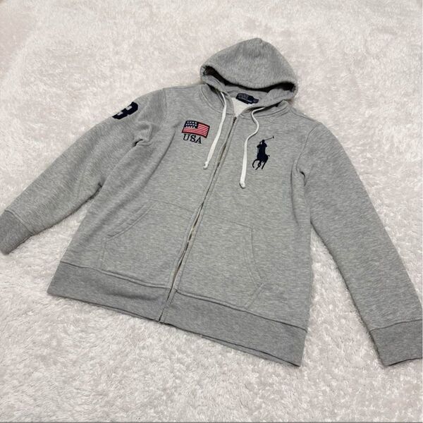 Polo by Ralph Lauren ポロバイラルフローレン USAパーカー 刺繍ロゴ XLサイズ グレー フルジップパーカー
