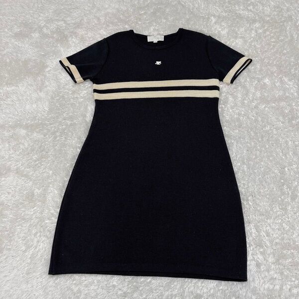 courreges クレージュ ☆ 半袖ニットワンピース センターロゴ Lサイズ ブラック 黒色
