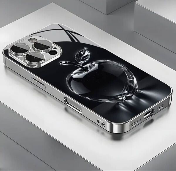 iPhone16 アイフォン16 保護 ケース カバー 強化ガラス 防指紋加工 指紋の心配も楽 黒 浮かび上がるクリスタルのリンゴ