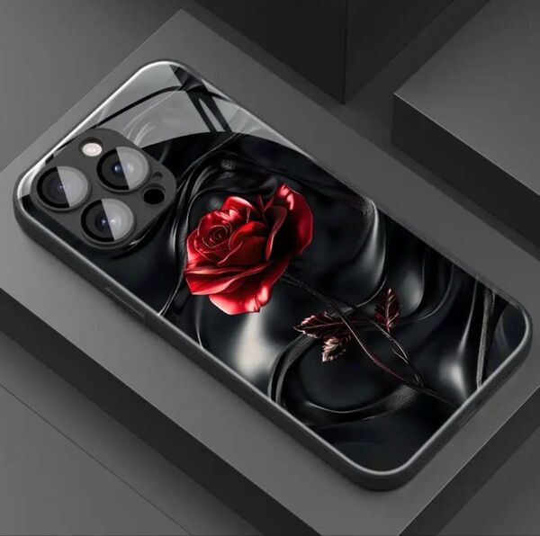 iPhone16Plus アイフォン16プラス 保護 ケース カバー 強化ガラス 防指紋加工 黒に赤い薔薇一輪 オシャレです