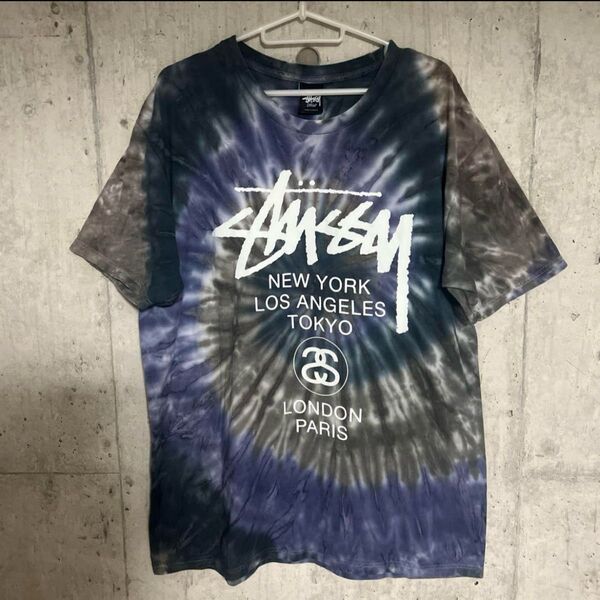 【L】STUSSY タイダイ Tシャツ Lサイズ グレー パープル